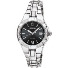 Seiko Sut067 Womens Stainless Steel Solar Watch With Black Dial And Diamonds