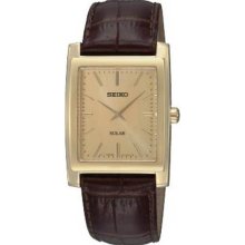 Seiko Womens Solar Stainless Watch - Brown Leather Strap - Gold Dial - SUP896