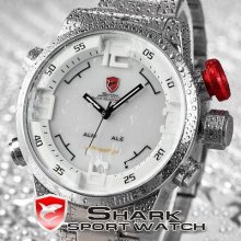 Shark Big Case Led Digital White Dail Date Day Men Quartz Sport Watch