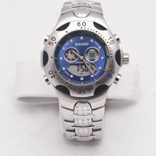 Sharp Circular Analog , Digital Silver with Blue Face Mens Watch ...