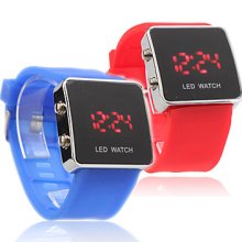 Silicone Band Love Couple Sport Jelly Style Square LED Wrist Watch - Blue & Red