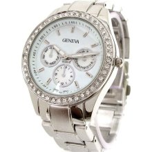 SILVER Bracelet 3D Designer Style Crystal Bezel Women's WATCH - Silver - Metal