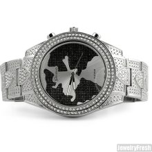 Silver Finish World Map Dial Iced Out Big Face Watch