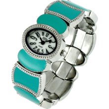 Silver Turquoise Aquoa White Oval Face Metal Wide Cuff Bracelet Watch Usa Seller