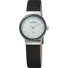 SKAGEN Denmark New Womens Round Analog Watch Black Leather Band Stainless Steel - Black - Stainless Steel