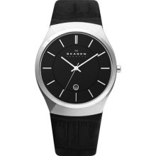 Skagen Mens Analog Stainless Watch - Black Leather Strap - Black Dial - 925XLSLB