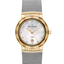 Skagen 'Mesh' Faceted Glass Bezel Watch Silver/ Gold