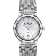 Skagen 'Mesh' Faceted Glass Bezel Watch Silver