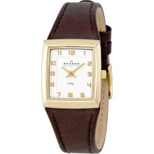 Skagen White Dial Brown Leather Ladies Watch 523XSGLDW