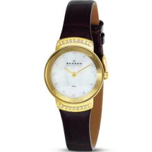 Skagen Women's MOP Dial Swarovski Element Brown Leather Strap Watch -