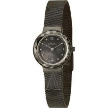 Skagen Womens Swarovski Crystal Analog Stainless Watch - Black Bracelet - Pearl Dial - 456SMM1
