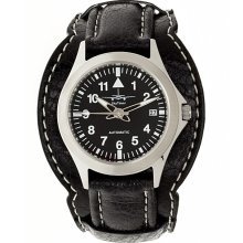 Skytimer Mens Automatic Pilot Stainless Watch - Black Leather Strap - Black Dial - SKY507085023