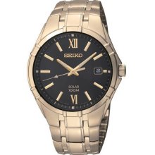 Solar Gold Tone Stainless Steel Case and Bracelet Black Dial