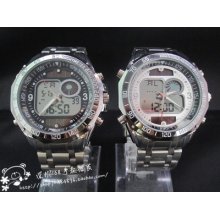 Sport Style Solar Power Men Steel Band Analog Led Digital Watch