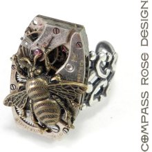 Steampunk Ring VIctorian Bee on Time Watch Movement Ring Ruby Antiqued Silver Ring