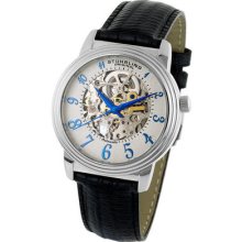 Stuhrling Delphi Silver / Black Automatic Skeleton Mens Leather Watch 107