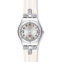Swatch Women's Irony YLS430 White Leather Quartz Watch with Silver Dial