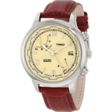Timex Intelligent World Time Beige Dial Brown Leather Strap Mens Watch T2n611