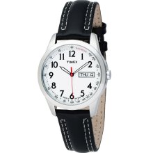 TIMEX New Mens Analog Round Watch White Dial Black Leather Strap Quartz