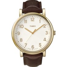 Timex T2N625 Men's Quartz Gold Tone White Dial Brown Leather strap Wat