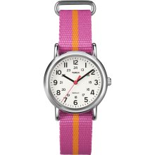 Timex Women's T2P072 Weekender Pink/Orange Stripe Slip Thru Nylon Strap Watch (Pink/Orange/White)