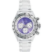 Toy Unisex Round Case Clear Band Purple Dial Quartz Analog Chrono Watch 7004prp