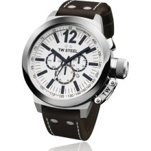 TW Steel Mens CEO Chronograph Stainless Watch - Black Leather Strap - White Dial - TWCE1008