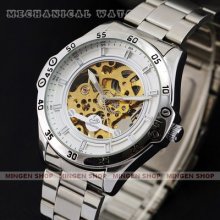 U0191 - Fashion Skeleton Steel Strap Silver Men Automatic Mechanical Sport Watch