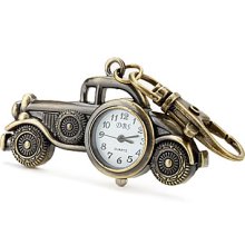 Unisex Alloy Analog Quartz Watch Keychain with Retro Car (Bronze)