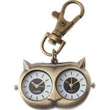 Unisex Dual PC Movement Design Owl Alloy Analog Quartz Keychain Watch (Bronze)