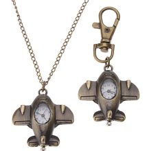 Unisex Mini Airplane Style Analog Alloy Quartz Keychain Necklace Watch (Bronze)