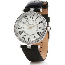 Vendome Ladies' White Textured Dial Crystal Bezel Black Leather Strap