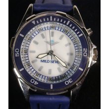 Very Nice Silver Tone Quartz Chrono Blue Faux Leathr Bnd Unisex Watch Works (r1)