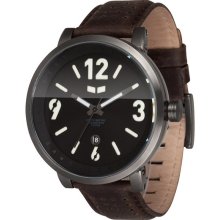 Vestal Mens Doppler Slim Analog Stainless Watch - Brown Leather Strap - Black Dial - DPL005