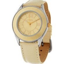 Vicence Round Satin Finish Bezel Off-White Leather Strap Watch, 14K - Yellow - One Size