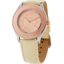 Vicence Round Satin Finish Bezel Off-White Leather Strap Watch, 14K - Rose - One Size