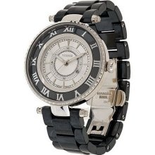 Vicence Sterling Round Roman Numeral Dial Ceramic Link Watch - Black - Average