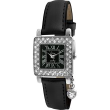 Viva Women's Square Crystal Bezel Watch (Black Strap Heart Charm Watch)