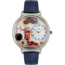 Whimsical Watches Mid-Size Bowling Quartz Movement Miniature Detail Navy Leather Strap Watch