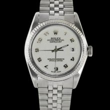 White Arabic dial datejust gents rolex watch fluted bezel SS jubilee bracelet