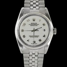 White Arabic dial datejust gents rolex watch fluted bezel SS jubilee bracelet