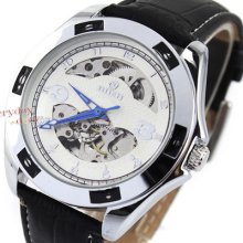 White Face Auto Wrist Watch Mechanical Mens Six Screws Case Skeleton Goer