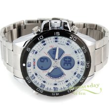 White Fashion Sports Stylish Quartz Mens Watch Dual Show Stainless Steel