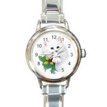 White Furry Cat on a Silver Round Charm Watch..NEW - Multi-color - Silver Tone