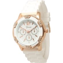 White / Rose Gold Geneva Silicone Rubber Chronograph Designer Watch Crystal