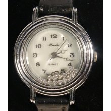 White Shell Silver Tone Moulin Rhine Blk Faux Leathr Bnd Ladies Watch Works (r1)