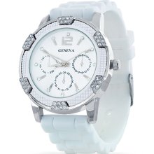 Womens CZ Diamond Chronograph All White Dial Silicone Rubber Watch