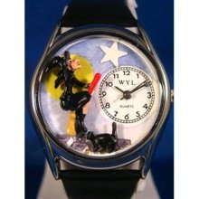 Women's Halloween Flying Witch Black Leather and Silvertone Watch ...