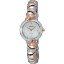 Women's Rose Gold Two Tone Stainless Steel Solar Quartz Mother Of Pearl Dial Hea