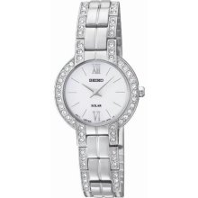 Women's Solar Stainless Steel Case and Bracelet White Tone Dial Crystals